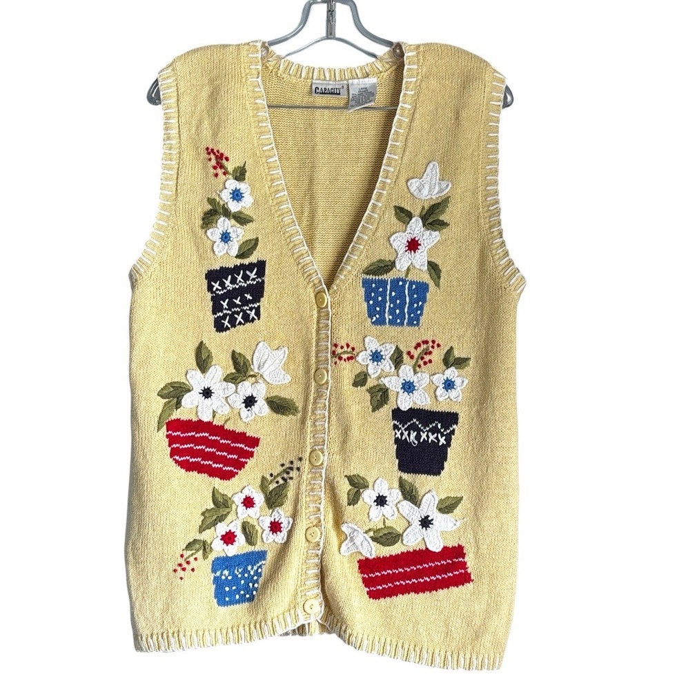 Vintage Capacity Floral Sweater Vest Ramie Cotton Cottagecore Women's Large